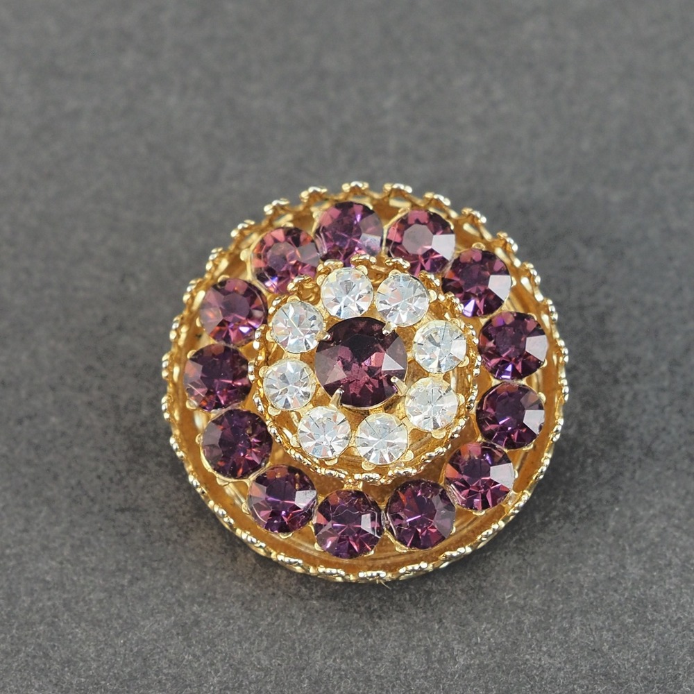 Coro Brooch Purple White Tiered Rhinestone Gold Tone Round Dome Floral Vintage